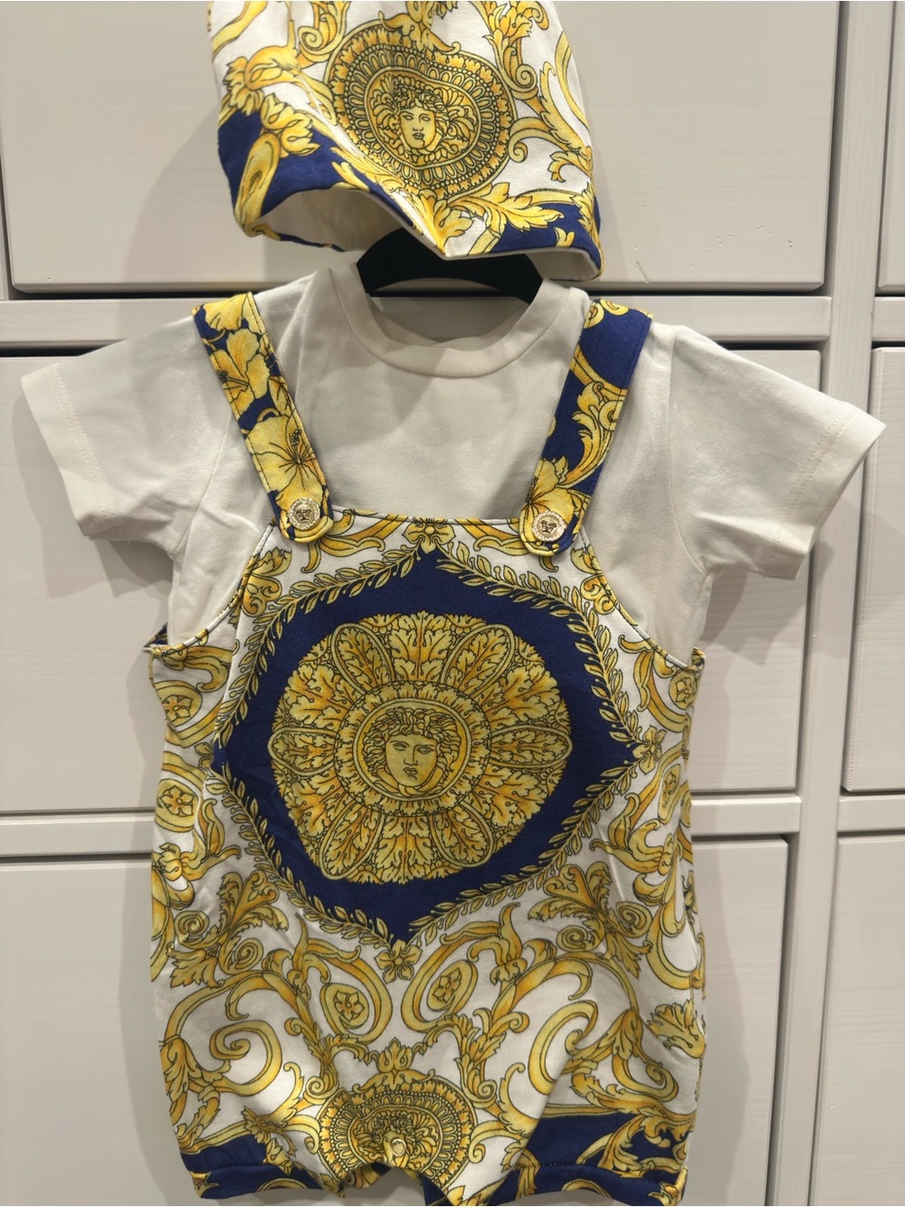 Versace White, Gold & Blue Medusa Print Baby One-Piece with Hat